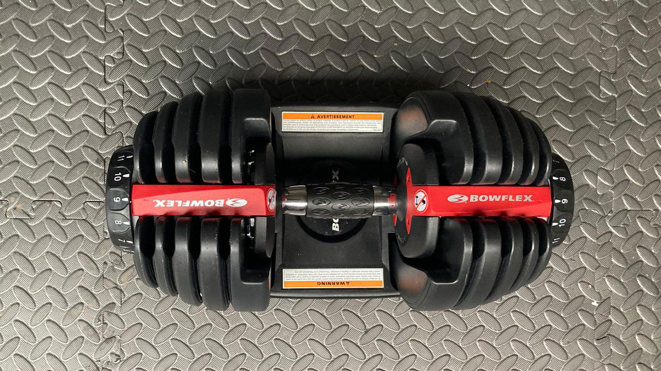 Bowflex SelectTech 552 adjustable dumbbell, a view from above