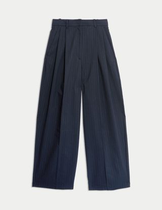 Pinstripe Pleat Front Wide Leg Trousers