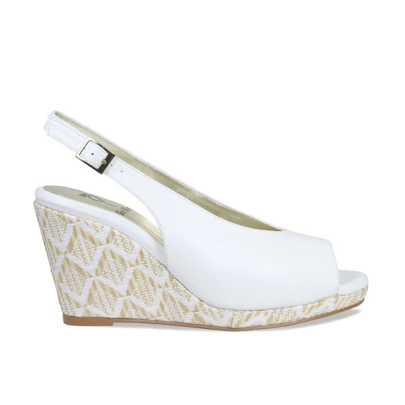 white leather sling back with diamond pattern wedge
