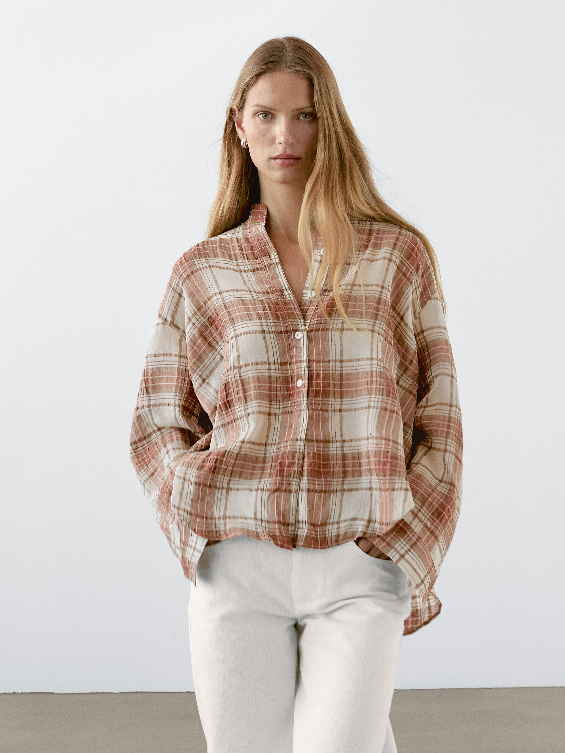 Oversized Checked Shirt With Stand Collar
