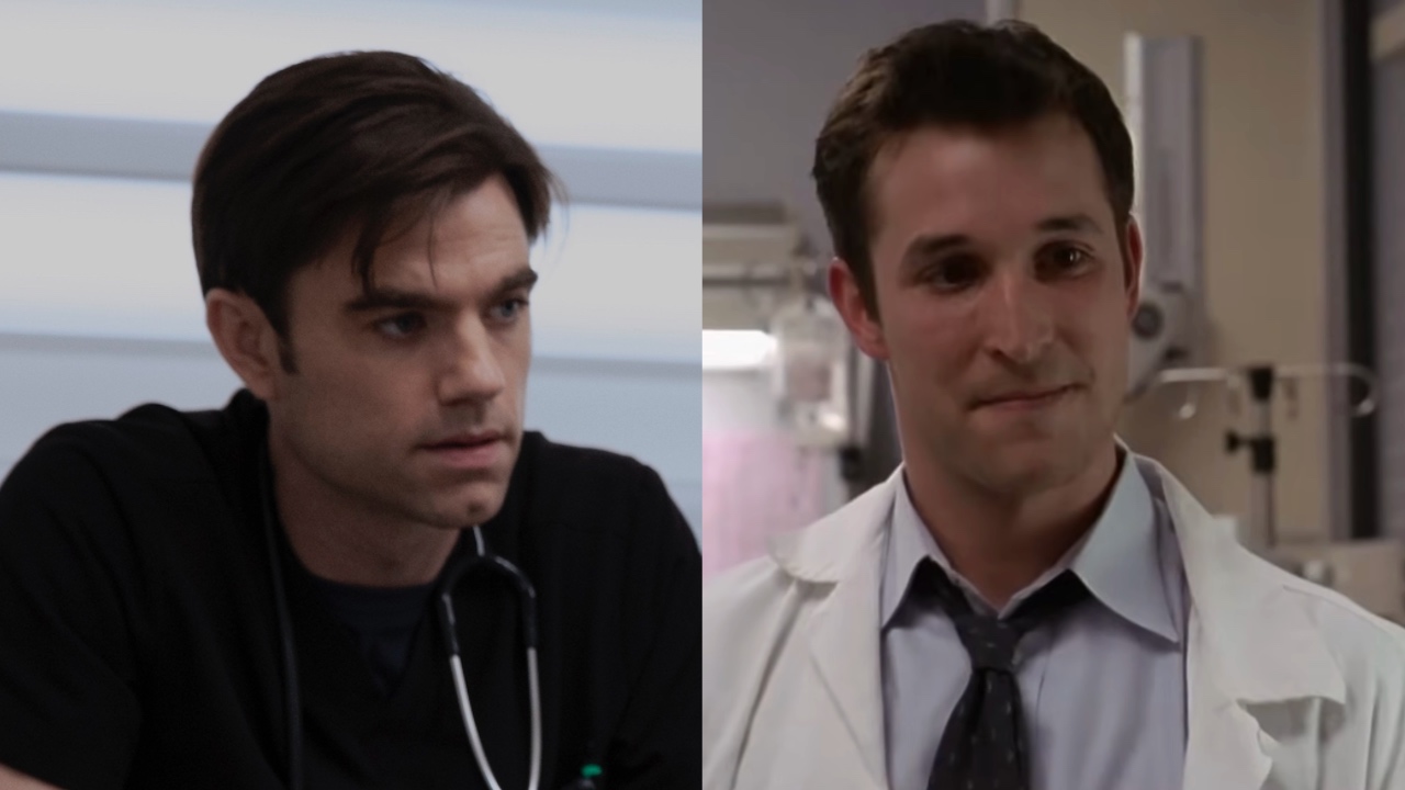 Patrick Ball als Langdon in The Pitt 2x06 en Noah Wyle als Carter in het zesde seizoen van ER