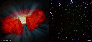 This illustration (left) depicts a supermassive black hole shrouded by a dust and gas "cocoon." Using X-ray imagery, as depicted in the X-ray image (right), scientists have uncovered 28 supermassive black holes.
