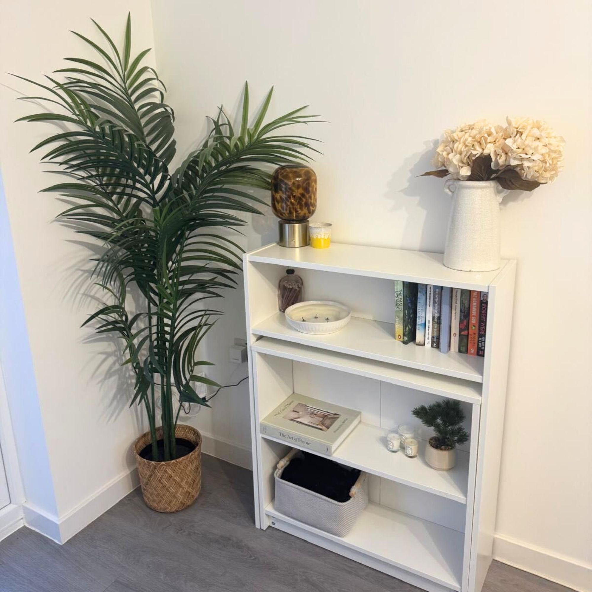 A decorated IKEA Billy bookcase against a white wall with a tall houseplant next to it