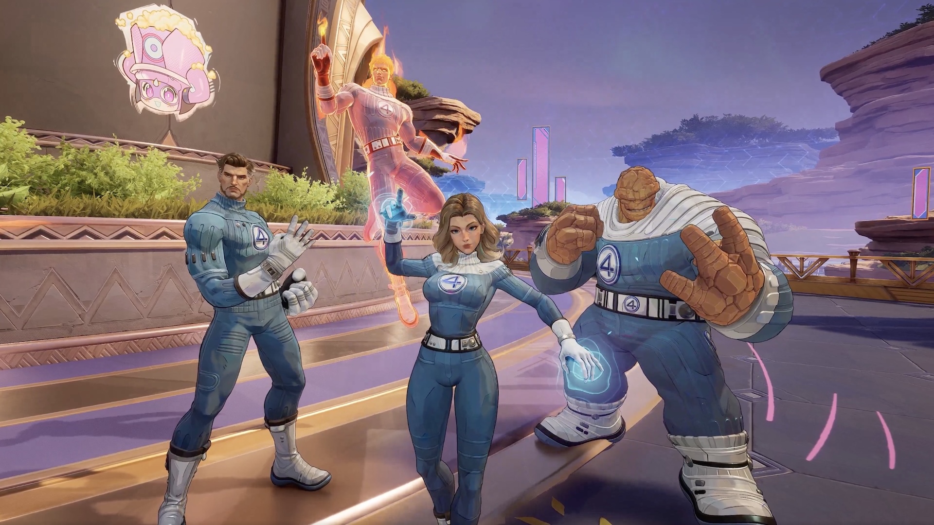 The Fantastic Four pose side by side in costumes from Fantastic Four First Steps