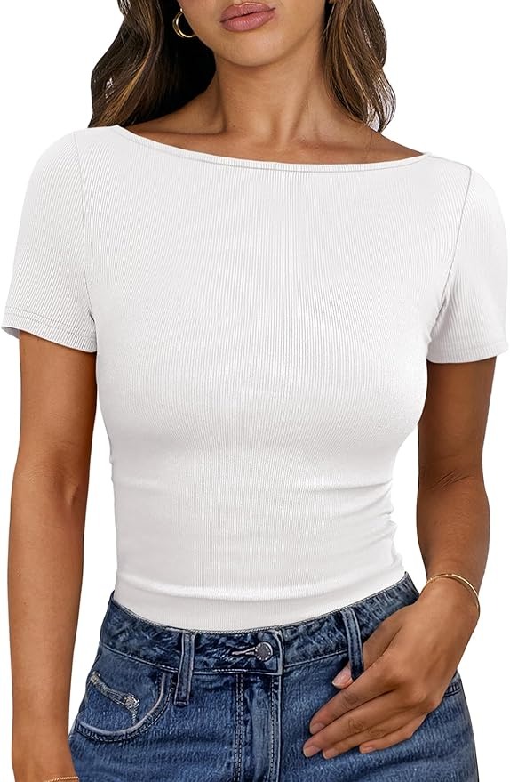 ANRABESS, Anrabess Women Boat Neck Tops Short Sleeve T-Shirts Ribbed Knit Tight Fitted Basic Tees Shirts 2025 Summer Clothes White Large