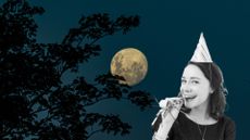 Full moon party feature image: a full moon with a black and white photo of a woman in a party hat