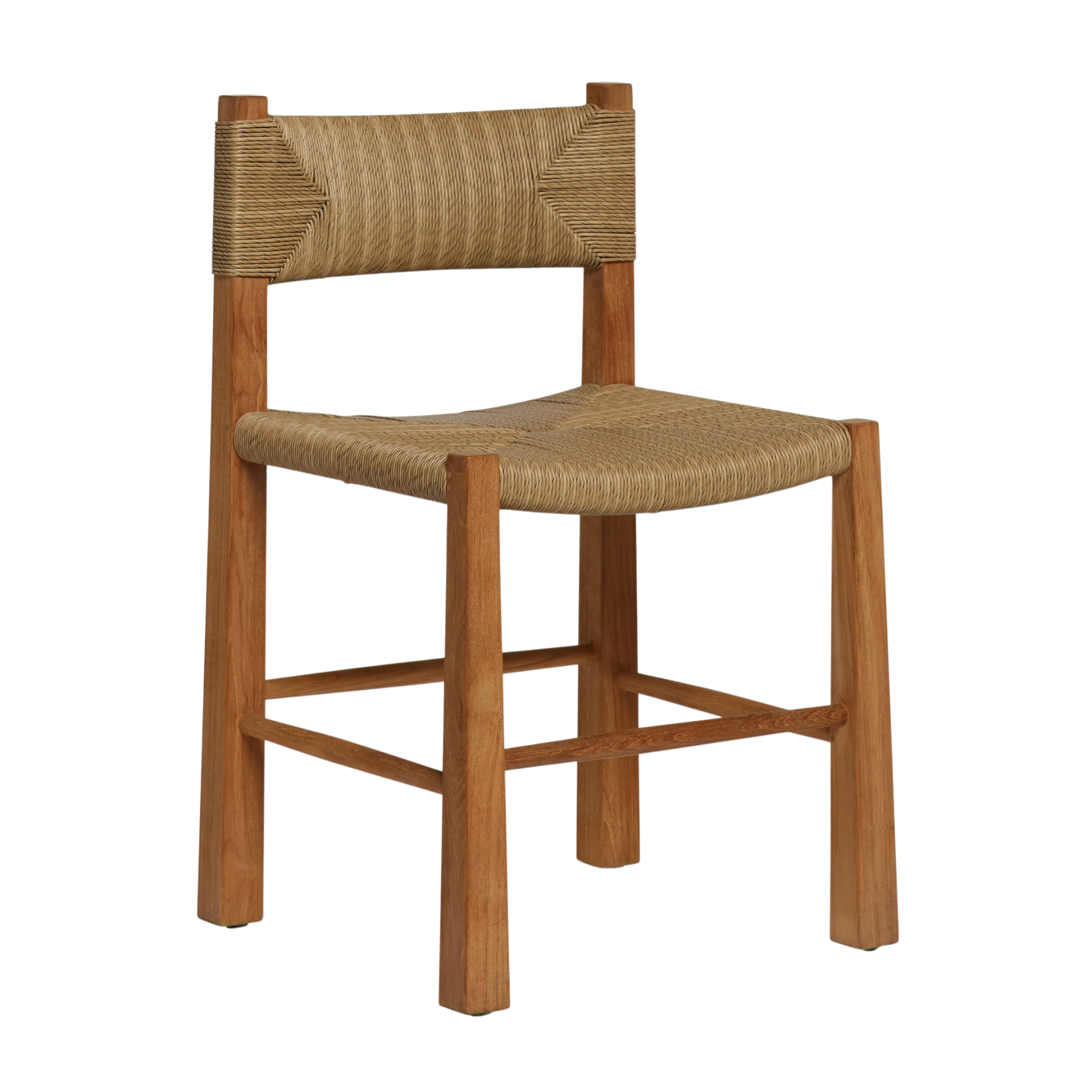 a teak dining chair with a woven seat and back