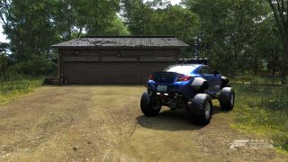 An in-game photo from Forza Horizon 6 showing a Subaru BRZ Forza Edition parked outside one of the Barn Find locations.