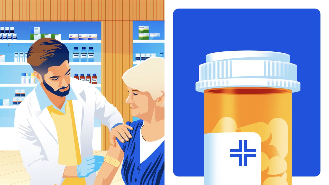 Walmart illustrations of a man giving a woman a plaster and some vitamins