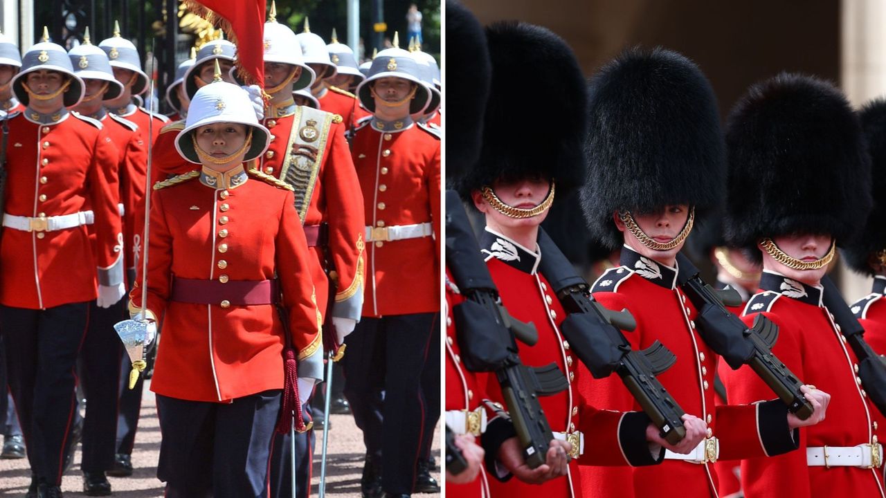 Two photos of the Changing the Guard ceremony at Buckingham Palace