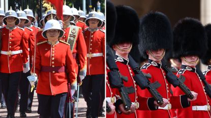 Two photos of the Changing the Guard ceremony at Buckingham Palace