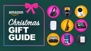 Tech products on sale at Amazon next to TechRadar Christmas gift guide logo