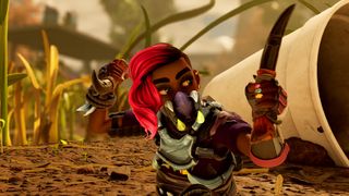 A kid with armor and daggers shrunk down in a back yard