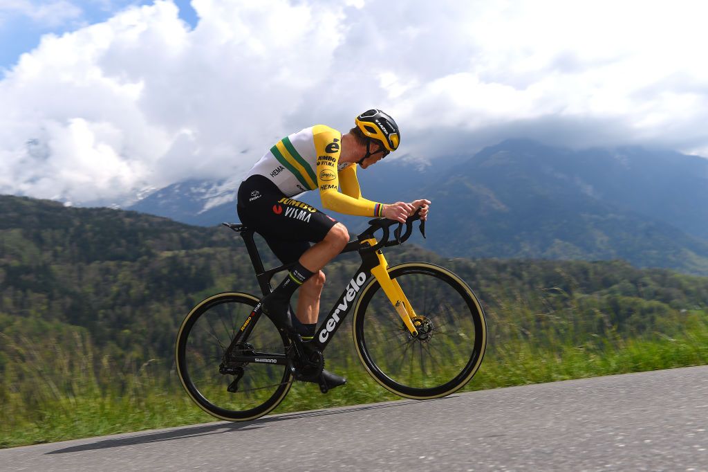 VILLARSSUROLLON SWITZERLAND MAY 01 Rohan Dennis of Australia and Team Jumbo Visma Turquoise Leader Jersey sprints during the 75th Tour De Romandie 2022 Stage 5 a 1584km Individual Time Trial stage from Aigle to VillarssurOllon 1256m ITT TDR2022 on May 01 2022 in VillarssurOllon Switzerland Photo by Dario BelingheriGetty Images