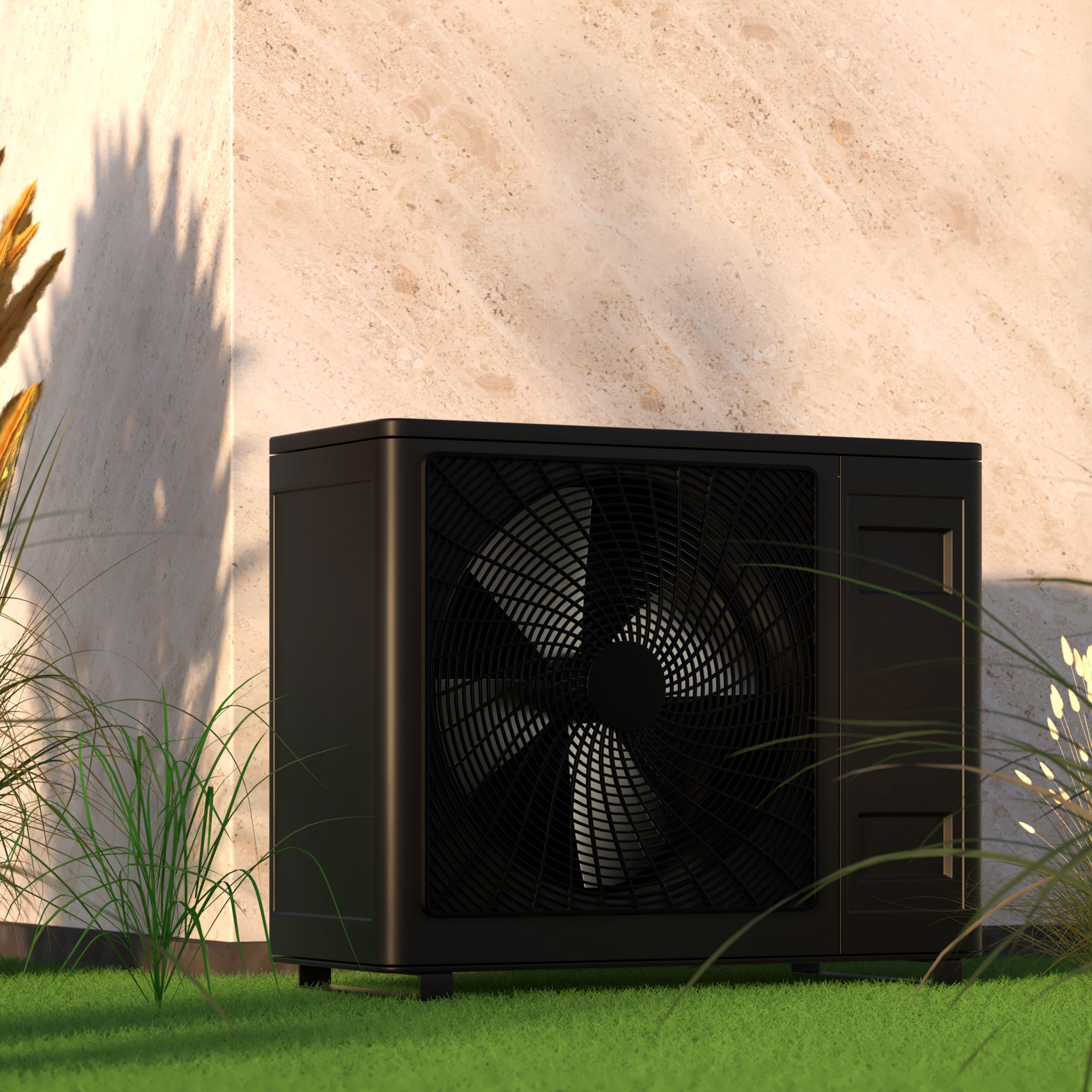 Heat pump outside in black with marble background