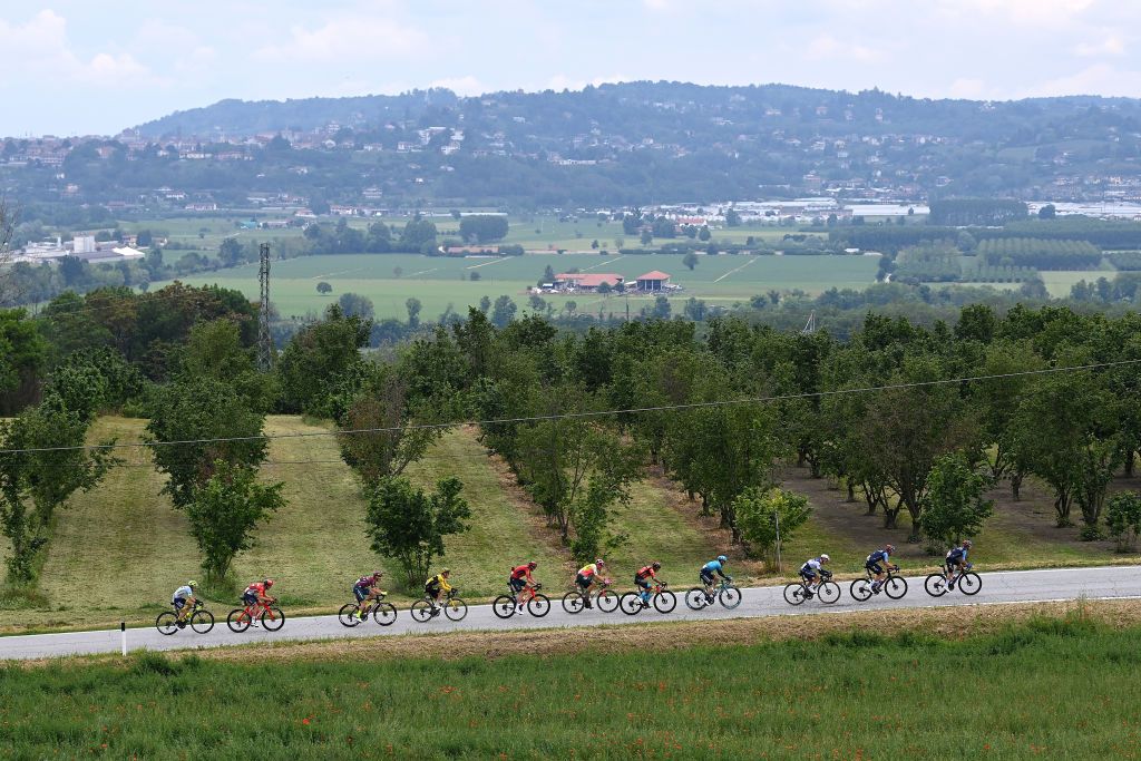 RIVOLI ITALY MAY 18 Ilan Van Wilder of Belgium and Team Soudal Quick Step Bauke Mollema of The Netherlands and Team Trek Segafredo Alberto Bettiol of Italy and Team EF EducationEasyPost and a general view of the breakaway competing during the 106th Giro dItalia 2023 Stage 12 a 185km stage from Bra to Rivoli UCIWT on May 18 2023 in Rivoli Italy Photo by Tim de WaeleGetty Images