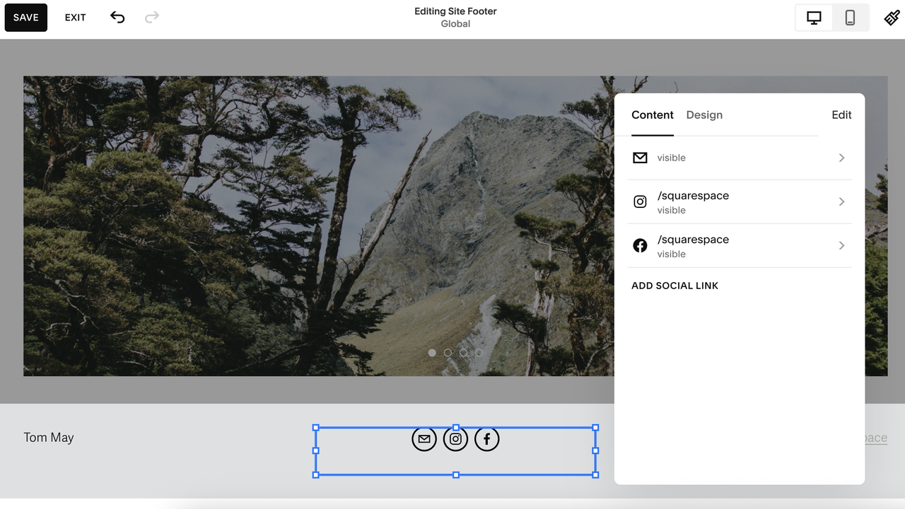 Screenshot showing links being added to social icons in Squarespace interface