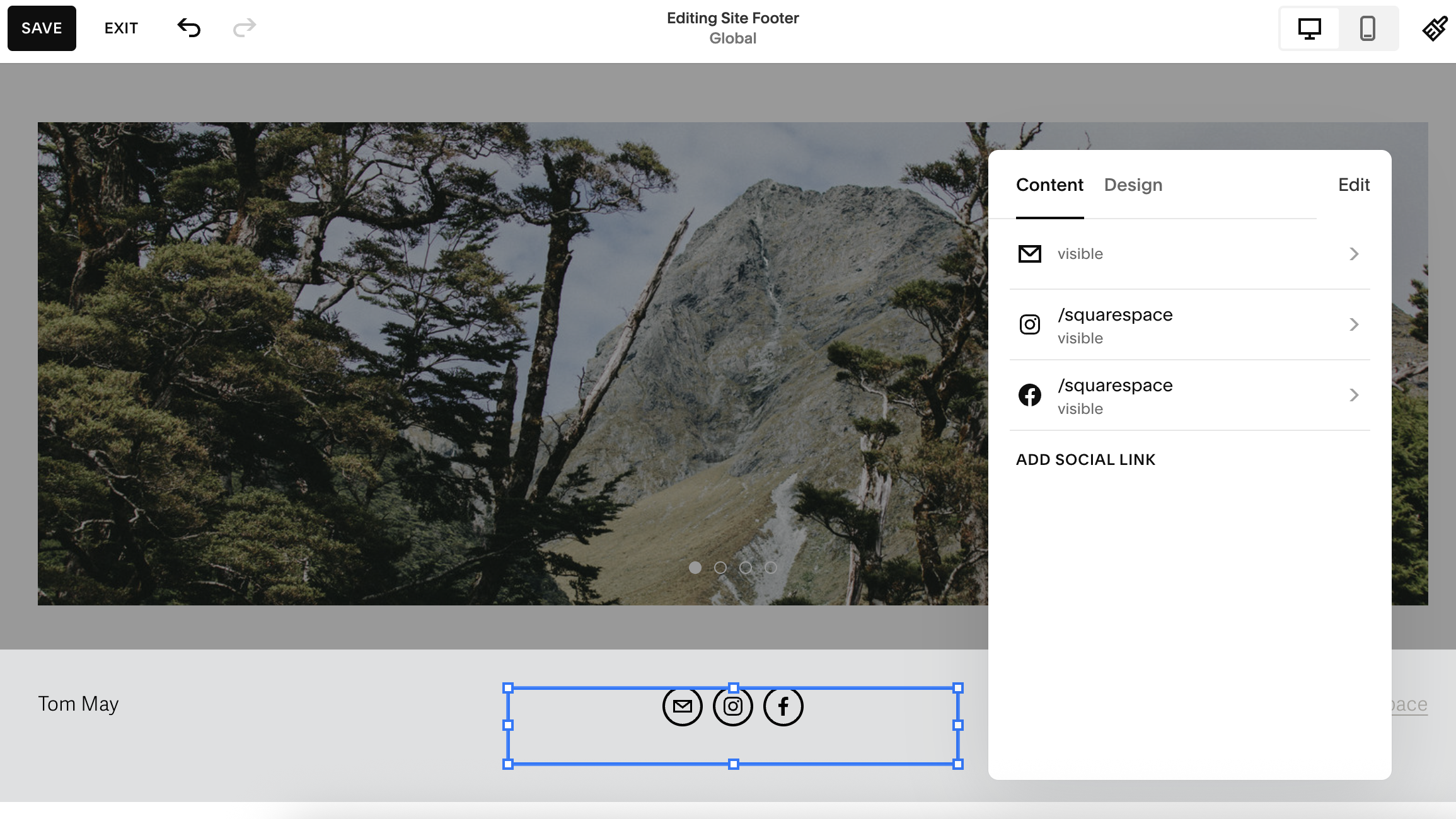 Screenshot showing links being added to social icons in Squarespace interface