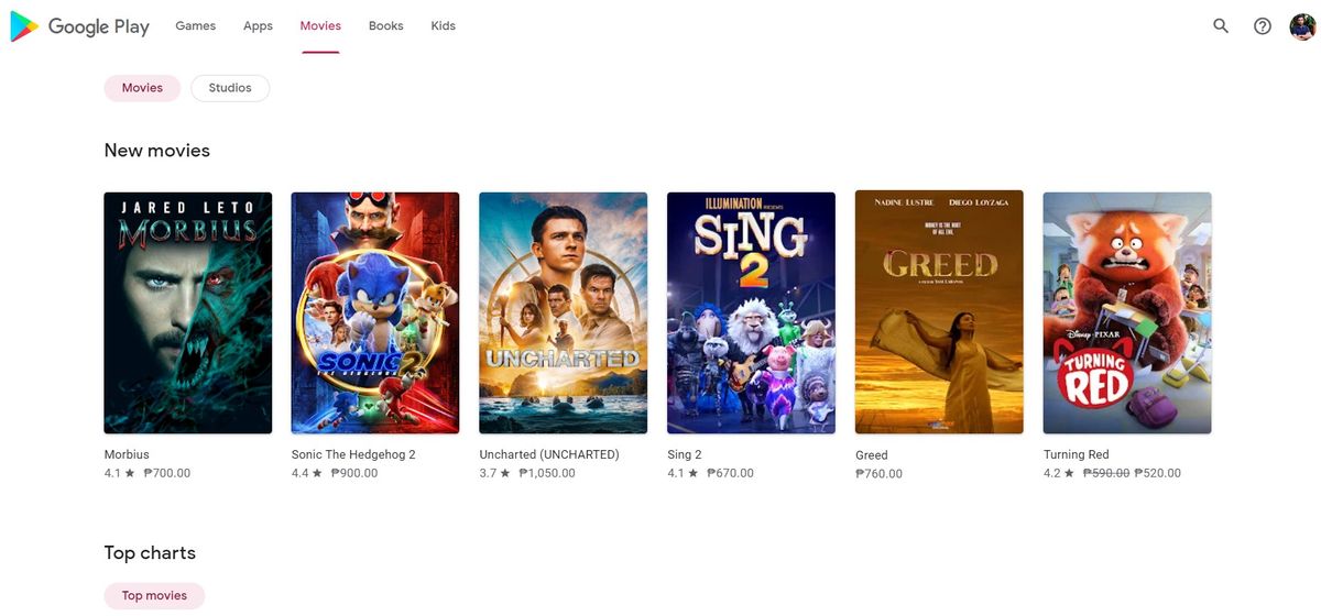 Google Play Store's new movies tab on desktop