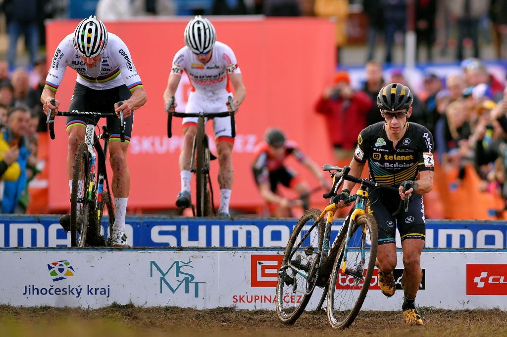 TABOR CZECH REPUBLIC NOVEMBER 16 Mathieu Van Der Poel of The Netherlands and Team Corendon Circus Eli Iserbyt of Belgium and Team Pauwel Sauzen Bingoal Lars Van Der Haar of The Netherlands and Team Telenet Baloise Lions during the 23rd Tabor World Cup 2019 Men Elite UCICX TelenetUCICXWC on November 16 2019 in Tabor Czech Republic Photo by Luc ClaessenGetty Images