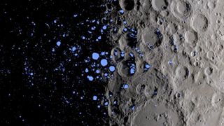 A map showing the permanently shadowed craters (blue) near the moon's shouth pole