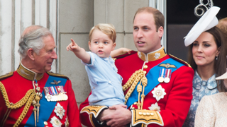 Prince Charles, Prince of Wales, Prince George of Cambridge, Prince William, Duke of Cambridge Catherine, Duchess of Cambridge look on from the balcony during the annual Trooping The Colour ceremony at Horse Guards Parade on June 13, 2015 in London, England