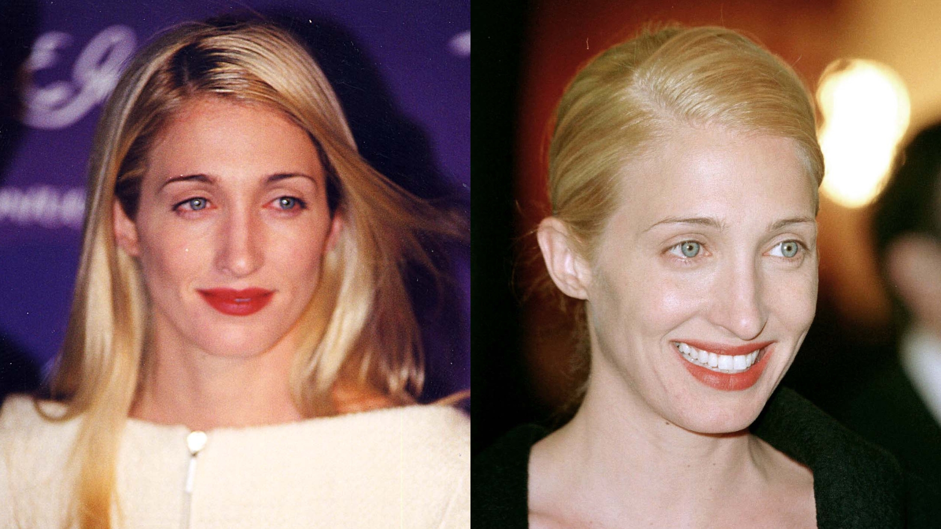 On the left, Carolyn Bessette-Kennedy smiling with long blonde hair and wearing a white gown and red lipstick, and on the right, image of Carolyn Bessette-Kennedy smiling with blonde low bun and wearing a black gown