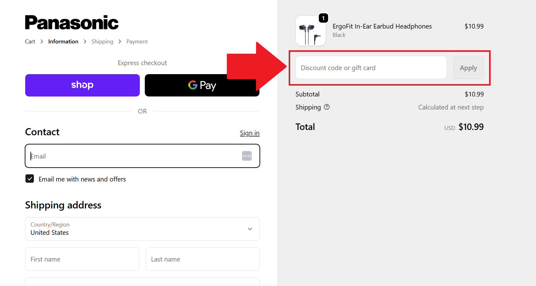 A screenshot of the panasonic checkout screen showing where to enter a panasonic promo code