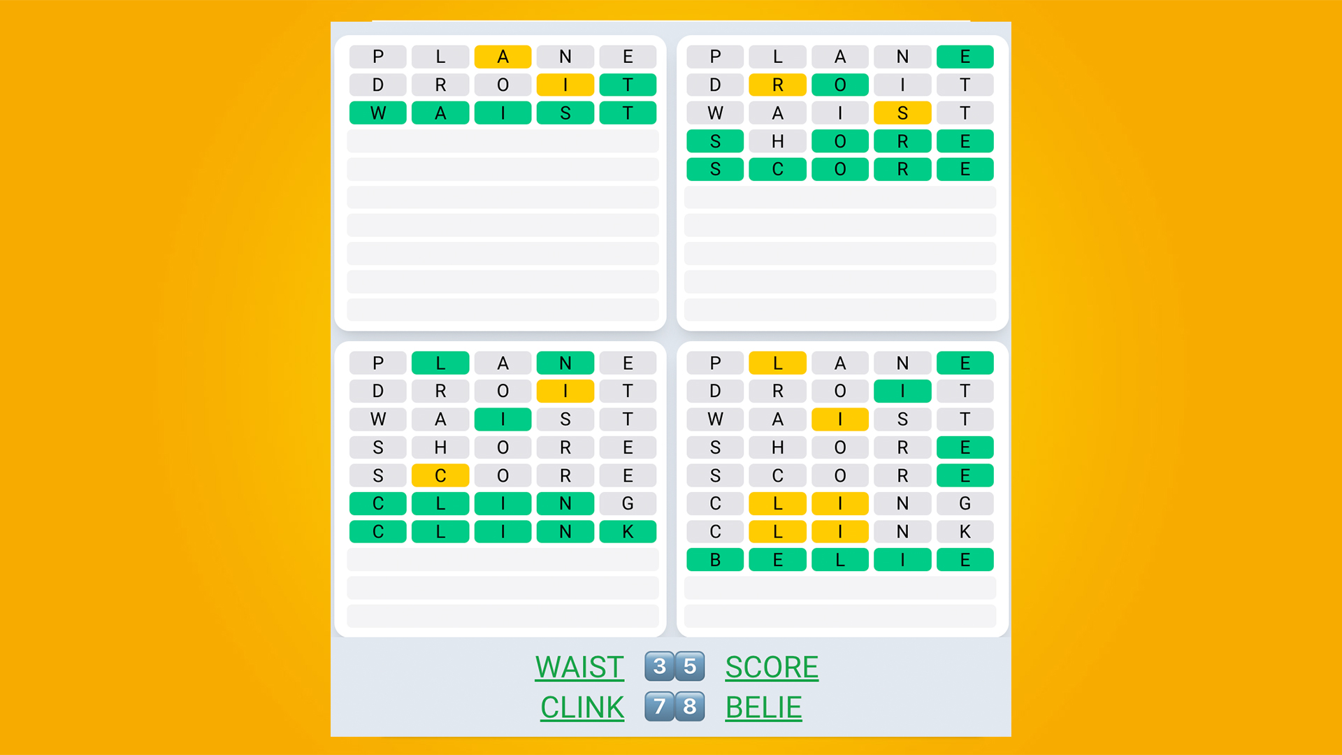 Quordle Daily Sequence answers for game 490 on a yellow background