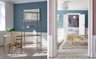 Two side-by-side photos of 2014 spaces at The Apartment gallery. The first photo shows a space with wood flooring, blue walls with white wood panelling at the bottom, a rack with a connected desk, a green and white lamp on the desk and a wooden chair. And the second photo shows glimpses of three spaces with blue and purple walls and white wood panelling at the bottom through open white doors. In the middle space there are rugs in different colours on the wood flooring, a rack and a yellow seat with a thin frame. Wall art and a pendant light can also be seen in the furthest space