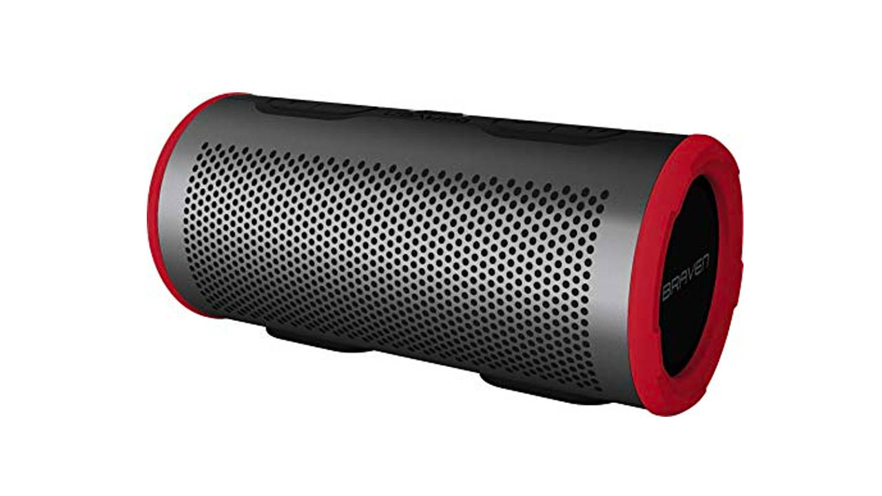 the braven stryde 360 waterproof speaker in gray and red