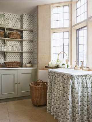cottagecore kitchen with matching wallpaper and fabric