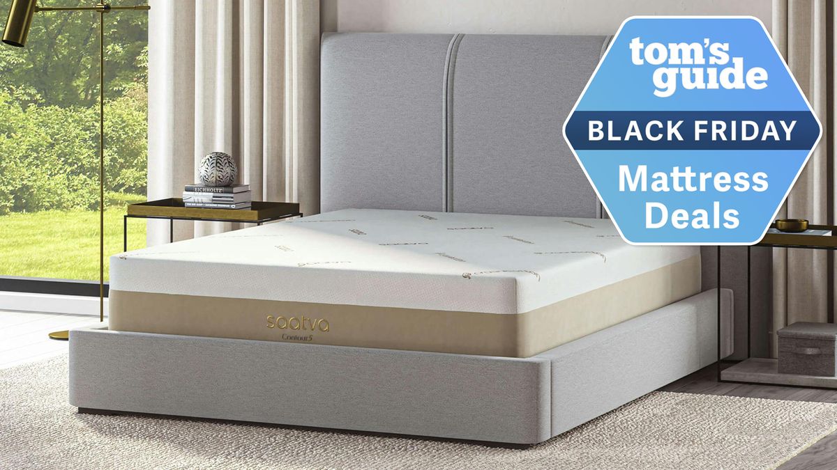 The Saatva Contour5 Mattress on a bed frame in a bedroom, a Tom&#039;s Guide Black Friday mattress deals graphic (right)