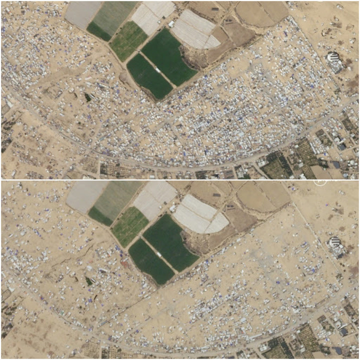A desert landscape aerial shows before and after scenes of tents across a vast swath of land.