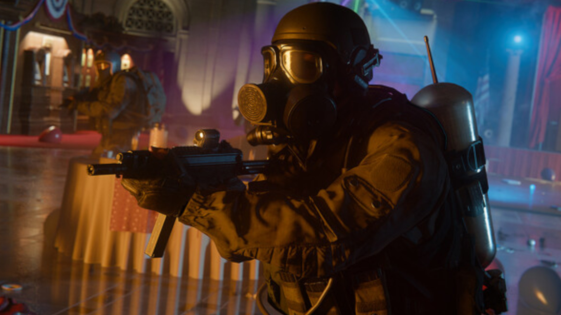 A player wears a gas mask and holds a weapon during the shooter game Call of Duty: Black Ops 6.