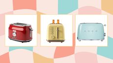 Here are three retro toasters on a colorful checkered background in white squares - a red toaster, a yellow toaster with toast in it, and a light blue Smeg toaster