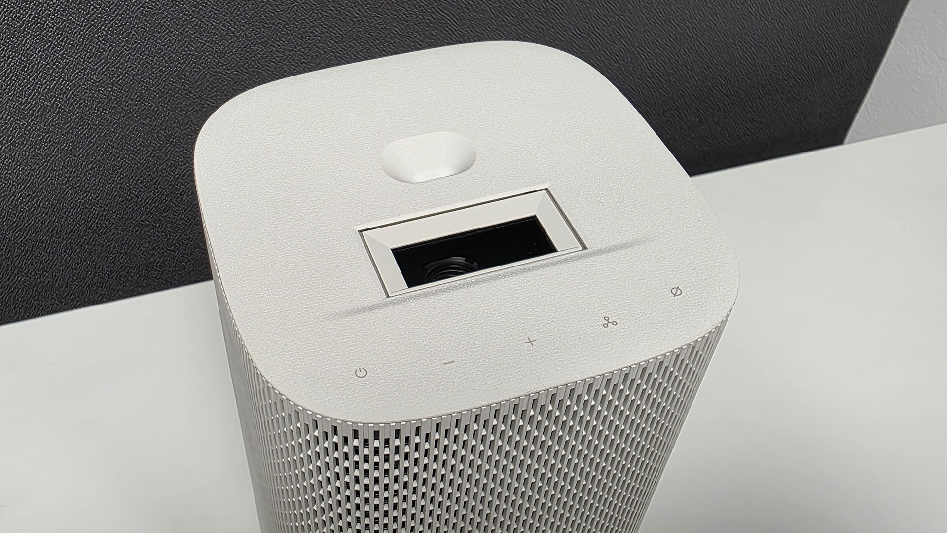 Samsung The Premiere 5 ultra short throw projector top down view showing lens aperture