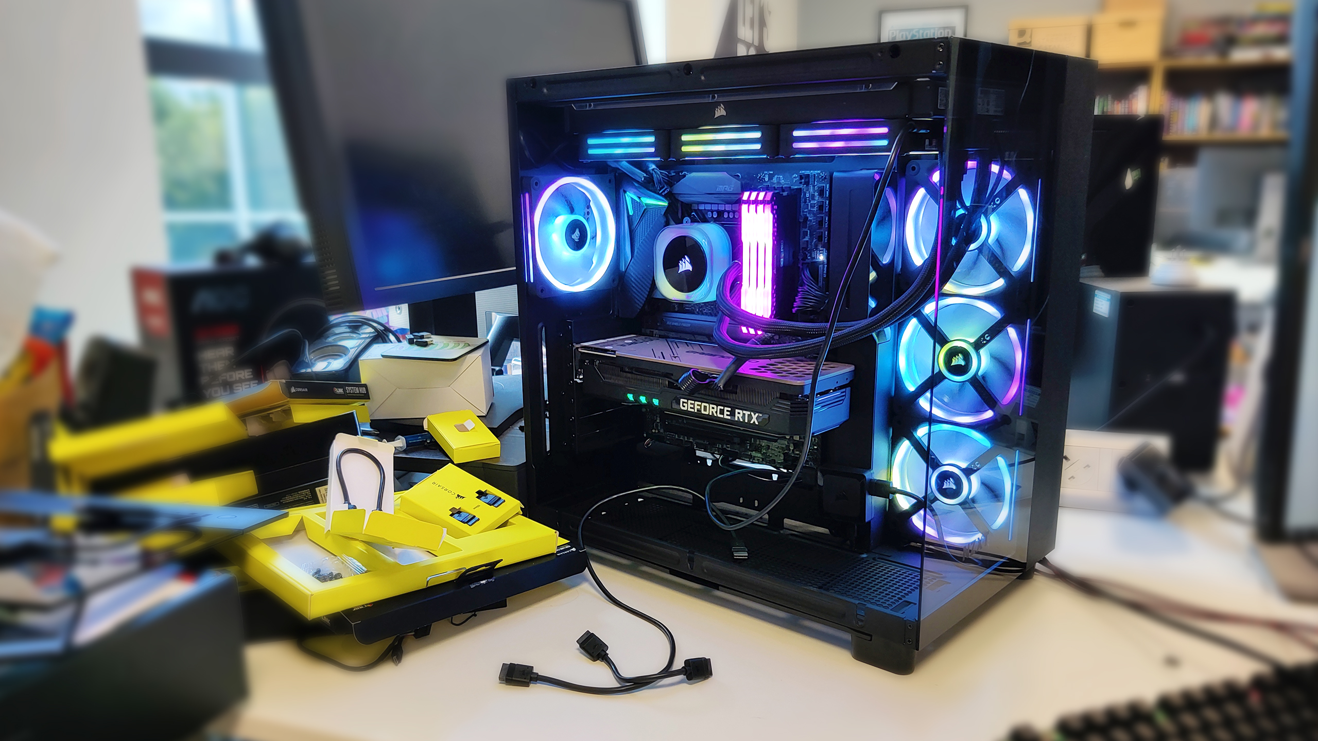 An RGB lit PC case courtesy of Corair's iCue Link cooling system starter kit.