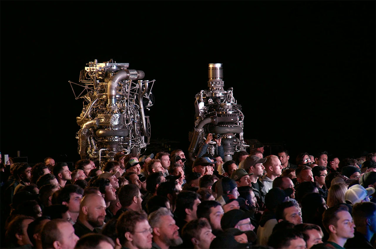 SpaceX Raptor V1 (at left) and V2 engines on display at a media event held by CEO Elon Musk at the company's South Texas Launch Site, Starbase, on Feb. 10, 2022.