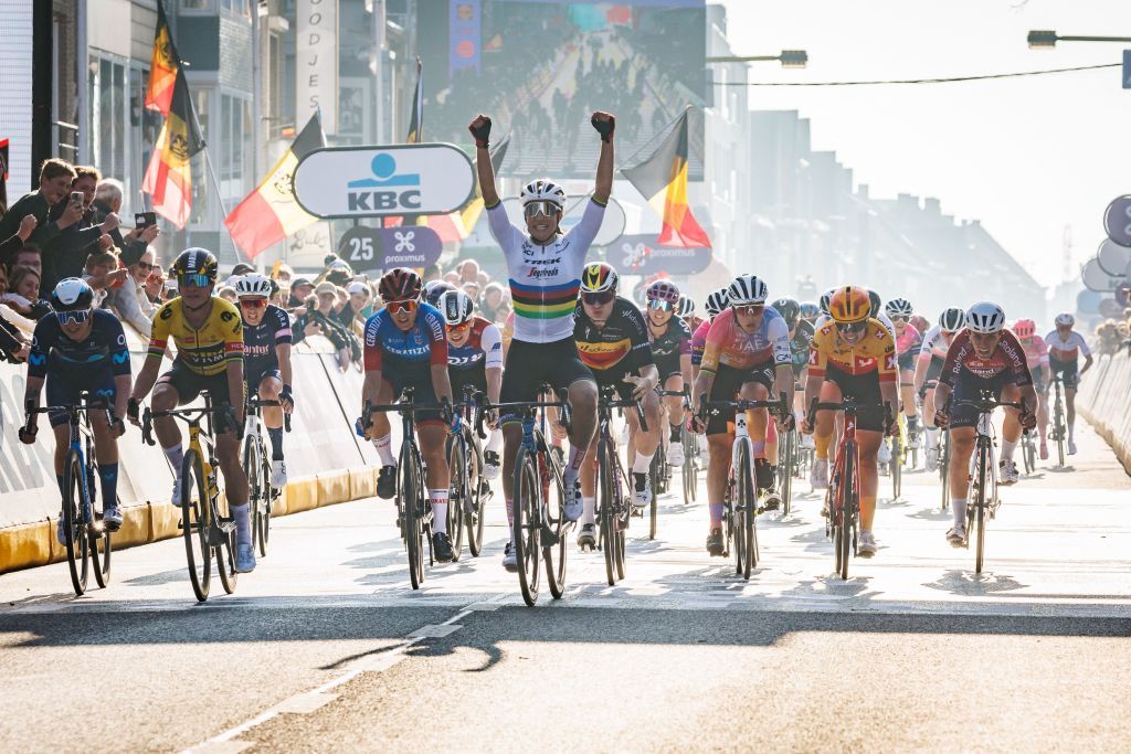 Italian Elisa Balsamo of Trek Segafredo celebrates after winning the womens GentWevelgem In Flanders Fields cycling race 159km from Ieper to Wevelgem Sunday 27 March 2022 BELGA PHOTO KURT DESPLENTER Photo by KURT DESPLENTER BELGA MAG Belga via AFP Photo by KURT DESPLENTERBELGA MAGAFP via Getty Images