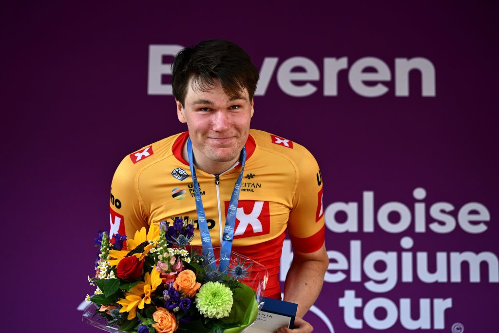 BEVEREN BELGIUM JUNE 16 Sren Wrenskjold of Norway and UnoX Pro Cycling Team celebrates at podium as stage winner during the 92nd Baloise Belgium Tour 2023 Stage 3 a 152km individual time trial stage from Beveren to Beveren on June 16 2023 in Beveren Belgium Photo by Mark Van HeckeGetty Images
