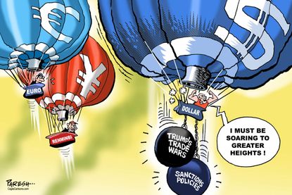 Political cartoon U.S. trade war sanction policies currency euro dollar Trump