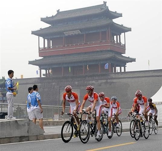 Norwegian national team riders fly by a Chinese temple
