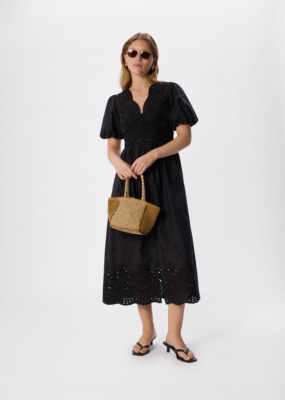 Black Cotton Broderie V Neck Dress
