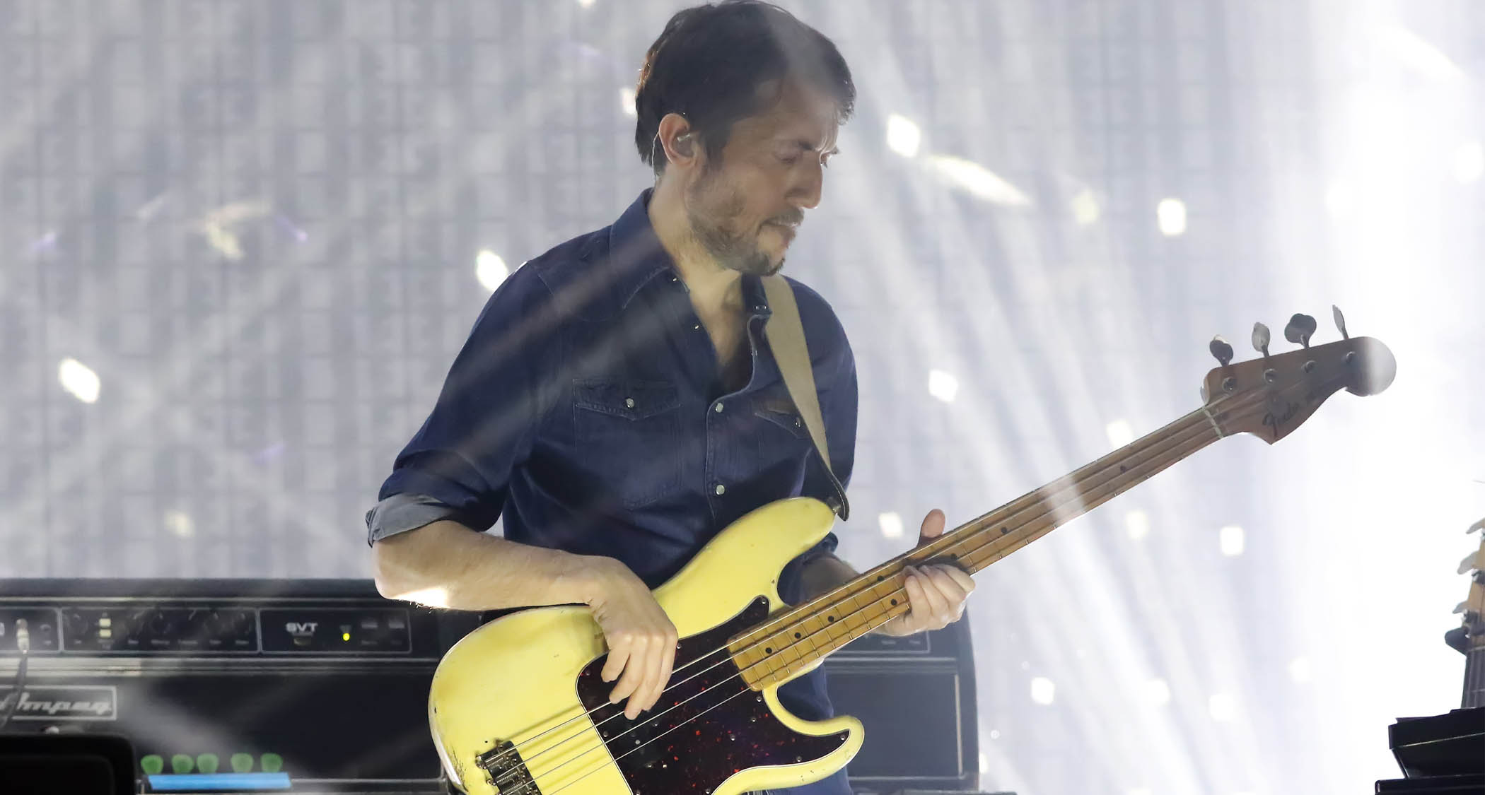 Colin Greenwood of Radiohead plays his trusty Fender Precision Bass onstage