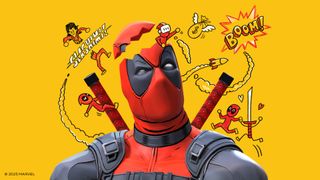 Deadpool with his head split open as drawings circle around him