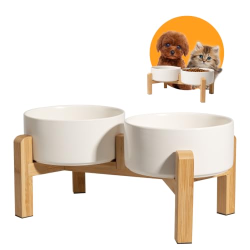 Elevated Ceramic Dog Bowl Set - Raised Dog Bowls With Non-Slip Bamboo Stand - Dog Food and Water Bowl Set - Double Dog Feeding Bowls - Pet Dishes for Cats and Small Dogs - 16.23 Oz - 2 Cups - 480 Ml