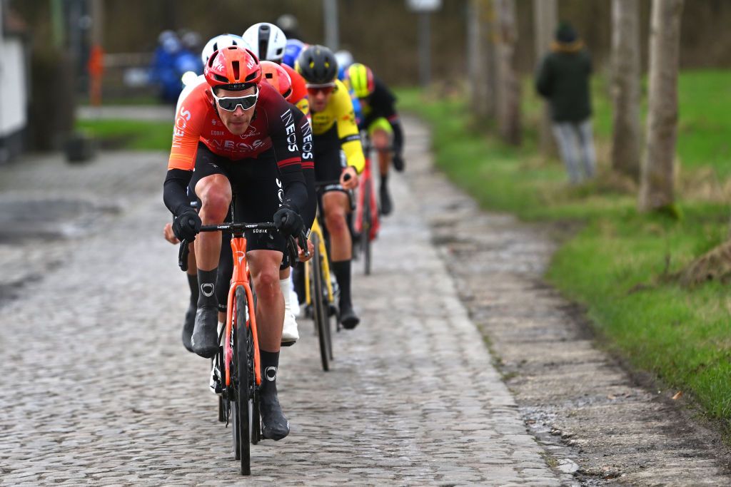 NINOVE BELGIUM FEBRUARY 24 Luke Rowe of Great Britain and Team INEOS Grenadiers leads the breakaway in the breakaway during the 79th Omloop Het Nieuwsblad 2024 Mens Elite a 2022km one day race from Ghent to Ninove UCIWT on February 24 2024 in Ninove Belgium Photo by Luc ClaessenGetty Images