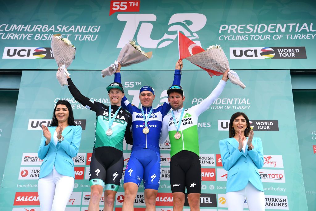 The top three after stage 3 of the Tour of Turkey (L-R) Sam Bennett (Bora-Hansgrohe), Fabio Jakobsen (Deceuninck-QuickStep) and Mark Cavendish (Dimension Data)