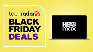 A Black Friday deals sign next to a laptop with the HBO Max logo on its screen